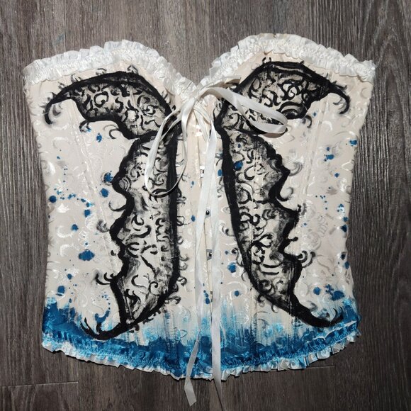 Butterfly on white romantic lace-up boned overbust sweetheart  corset bustier - Picture 5 of 7